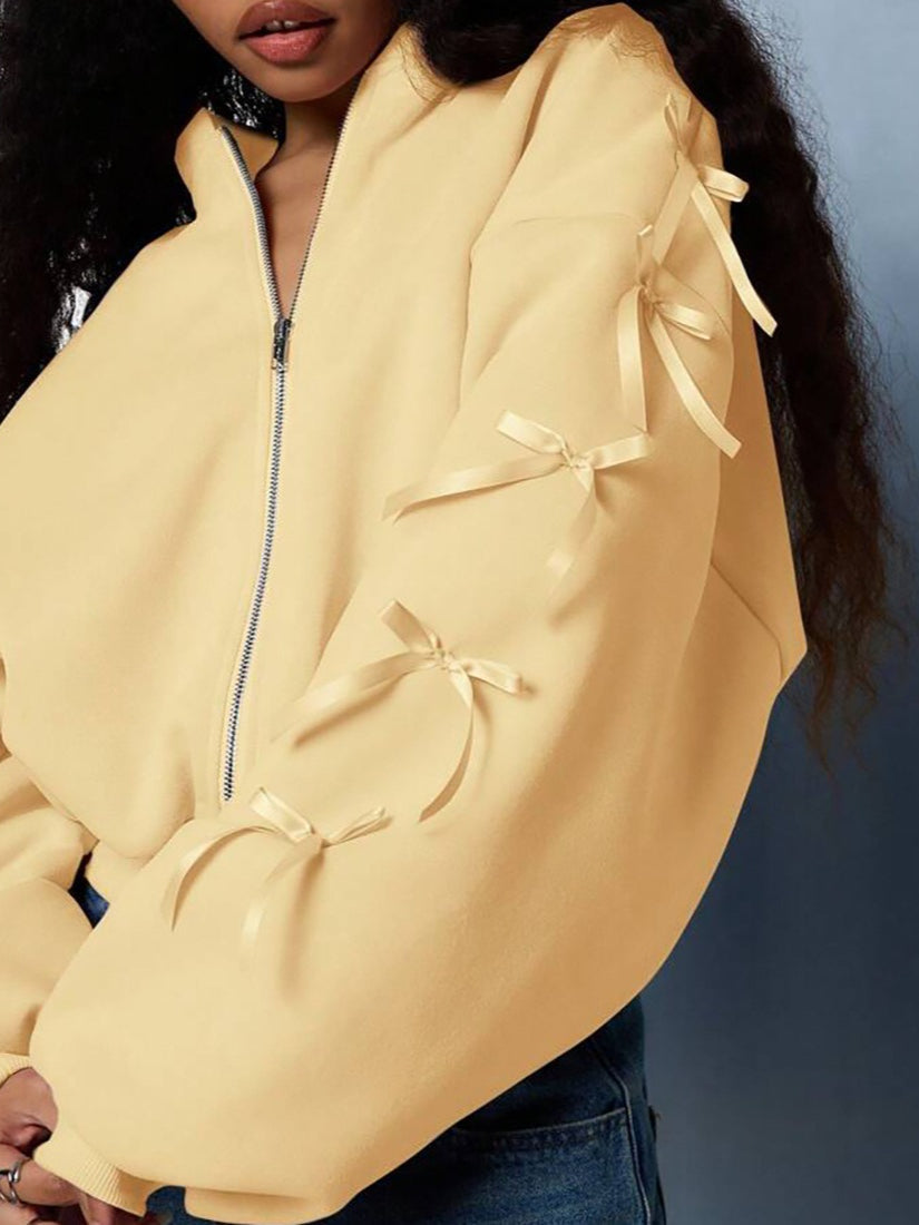 Embroidered Side Bow Zip Up Hoodie