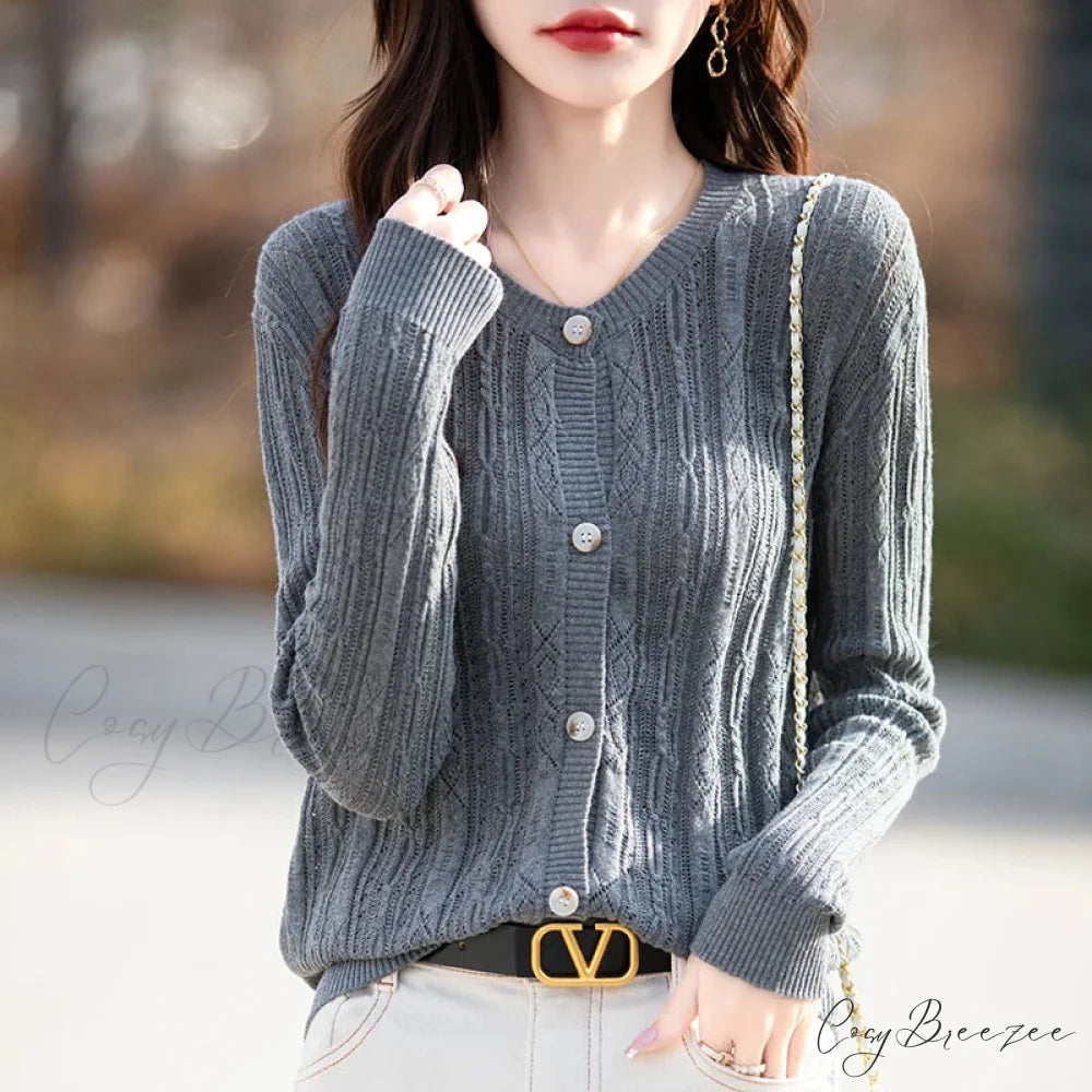 100% Cotton Slim O-Neck Knitted Cardigan Dark Grey / S cardiagn-250126