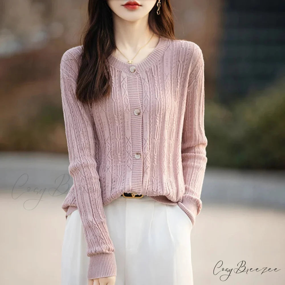 100% Cotton Slim O-Neck Knitted Cardigan Leather powder / S cardiagn-250126
