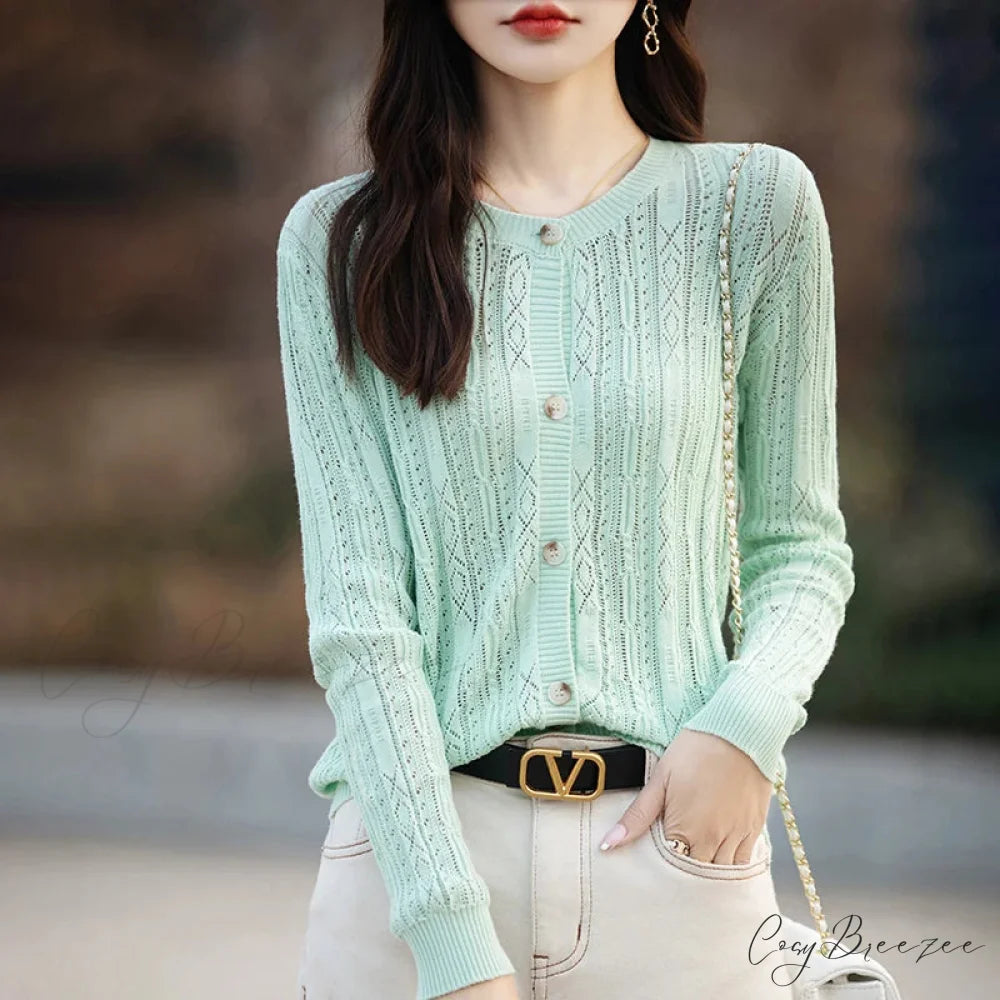 100% Cotton Slim O-Neck Knitted Cardigan Mint / S cardiagn-250126
