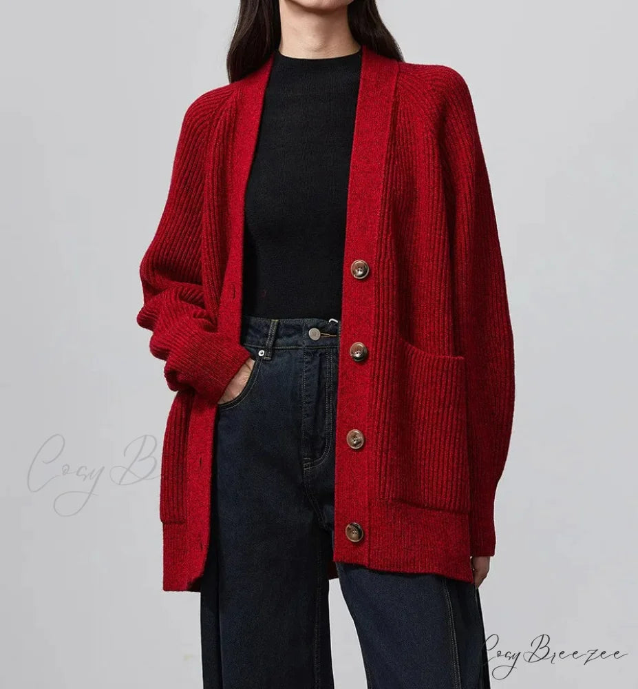 100% Merino Wool V-Neck Thicken Cardigan