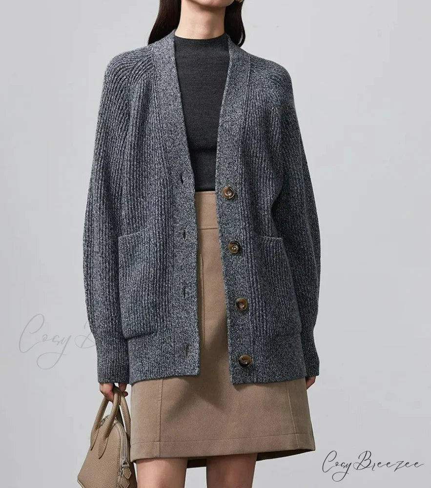 100% Merino Wool V-Neck Thicken Cardigan gray / M