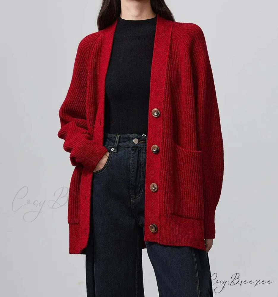 100% Merino Wool V-Neck Thicken Cardigan red / M