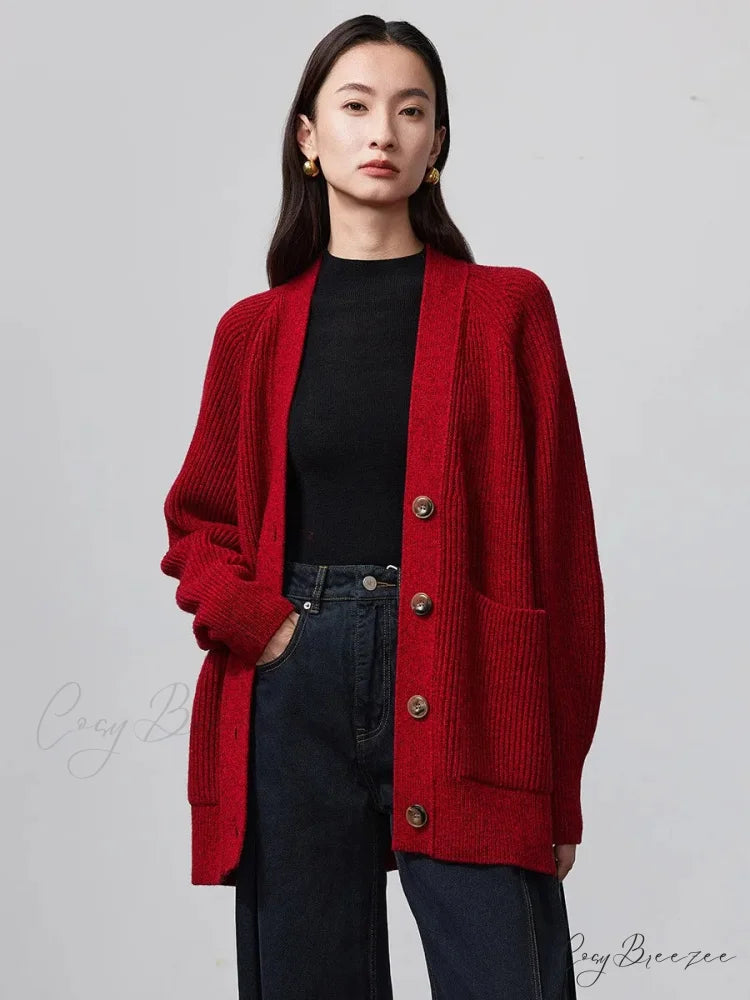 100% Merino Wool V-Neck Thicken Cardigan red / XL