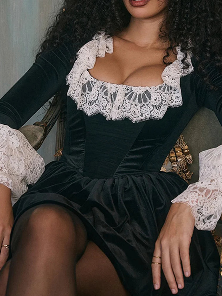 Lace Panelled Sexy Square Neck Long Sleeve High Waist Party Dress