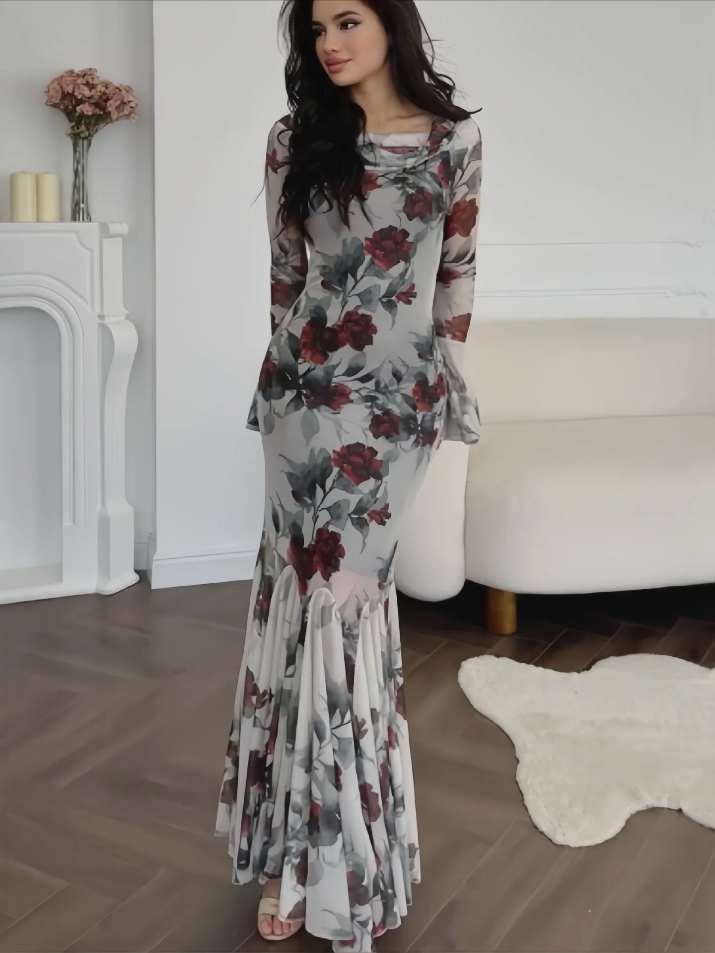 Floral Print Long Sleeve Romantic Party Dress