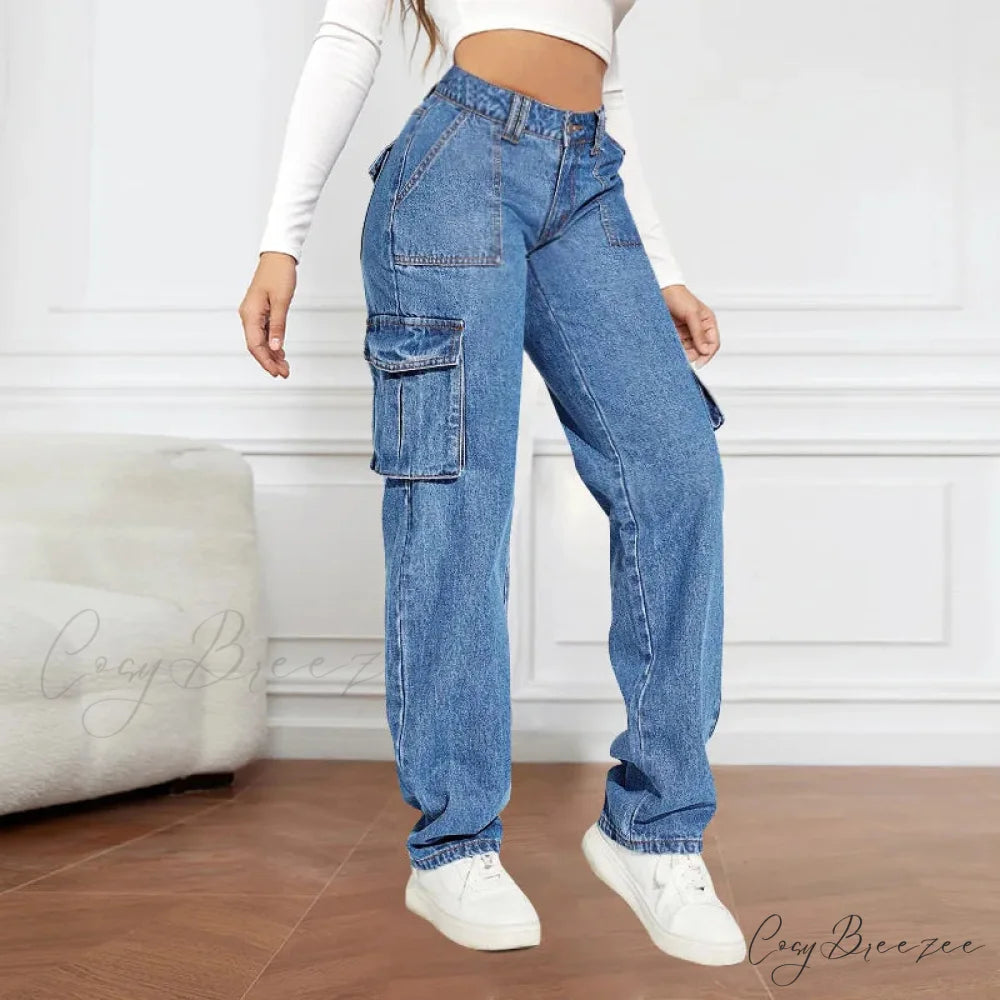 2024 Blue Autumn Cargo Women High Waist Button Pocket Denim Pants High Quality Female Cowboy Jeans