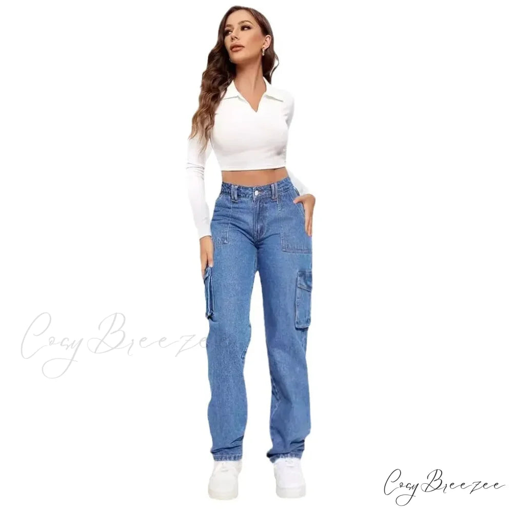 2024 Blue Autumn Cargo Women High Waist Button Pocket Denim Pants High Quality Female Cowboy Jeans Blue / S