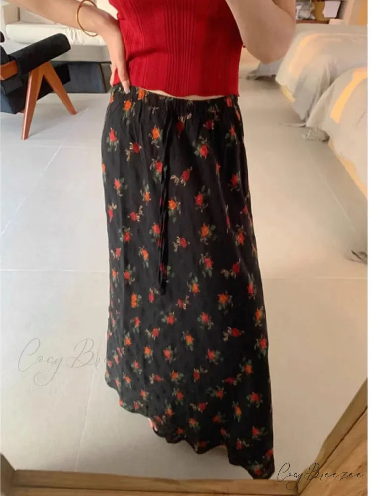 2024 Boho Maxi Skirt High Waist Floral Printed Hippie Rose Stylish Black / M skirt-250126