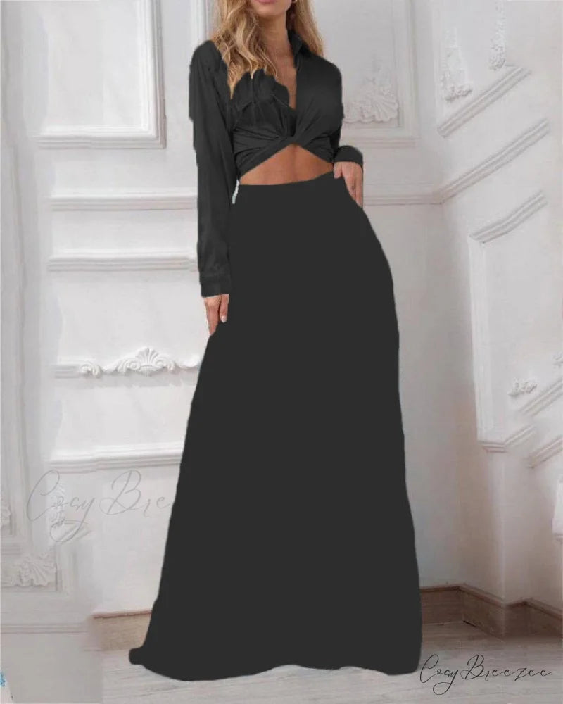 2024 Design Mid Warm-Season Autumn Wide Piece Suit Sets Arm Women’s Flowered Two Blouse Casual Leg Pant 2pcs Set Black