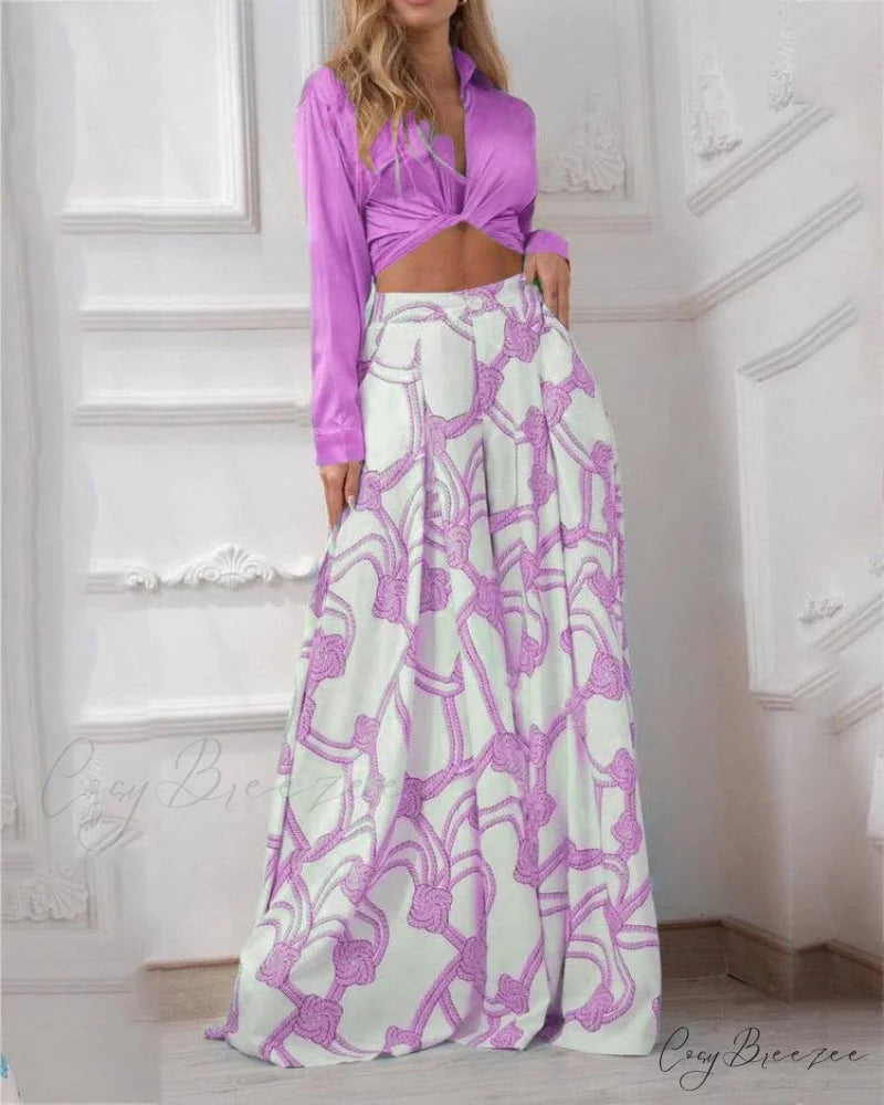 2024 Design Mid Warm-Season Autumn Wide Piece Suit Sets Arm Women’s Flowered Two Blouse Casual Leg Pant 2pcs Set purple