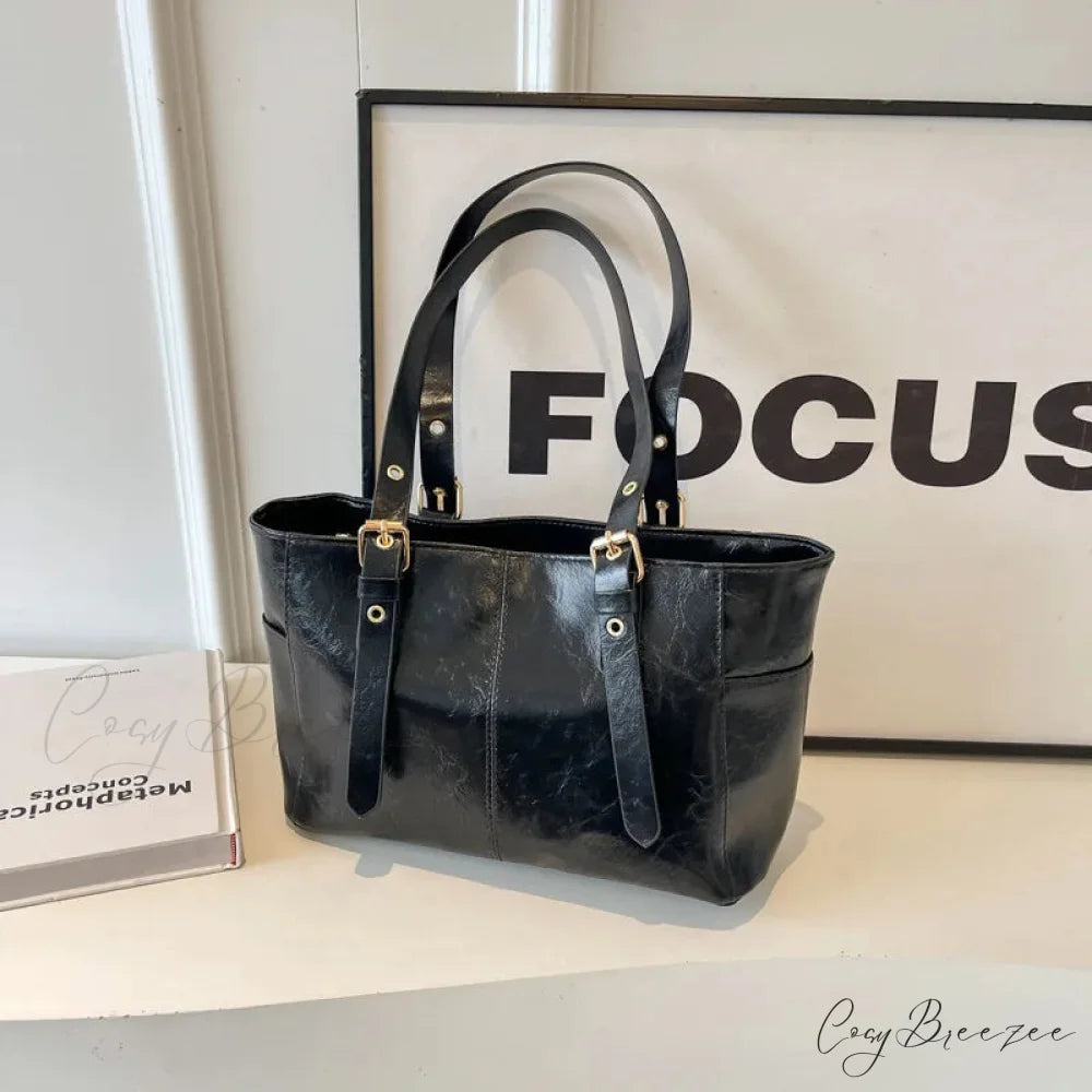2024 Korean Retro PU Leather Shoulder Bag Black shoulder-250126