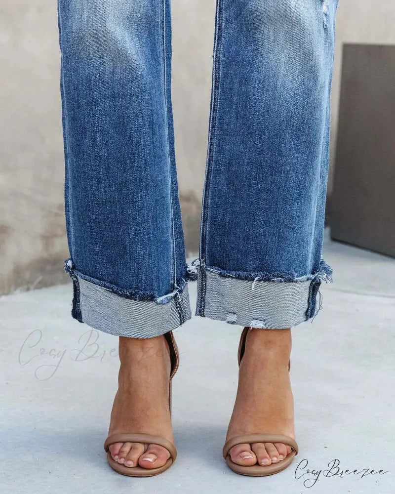 2024 New Casual Loose Women’s Wash Button Pockets High Waist Denim Abrade Elegant Jean