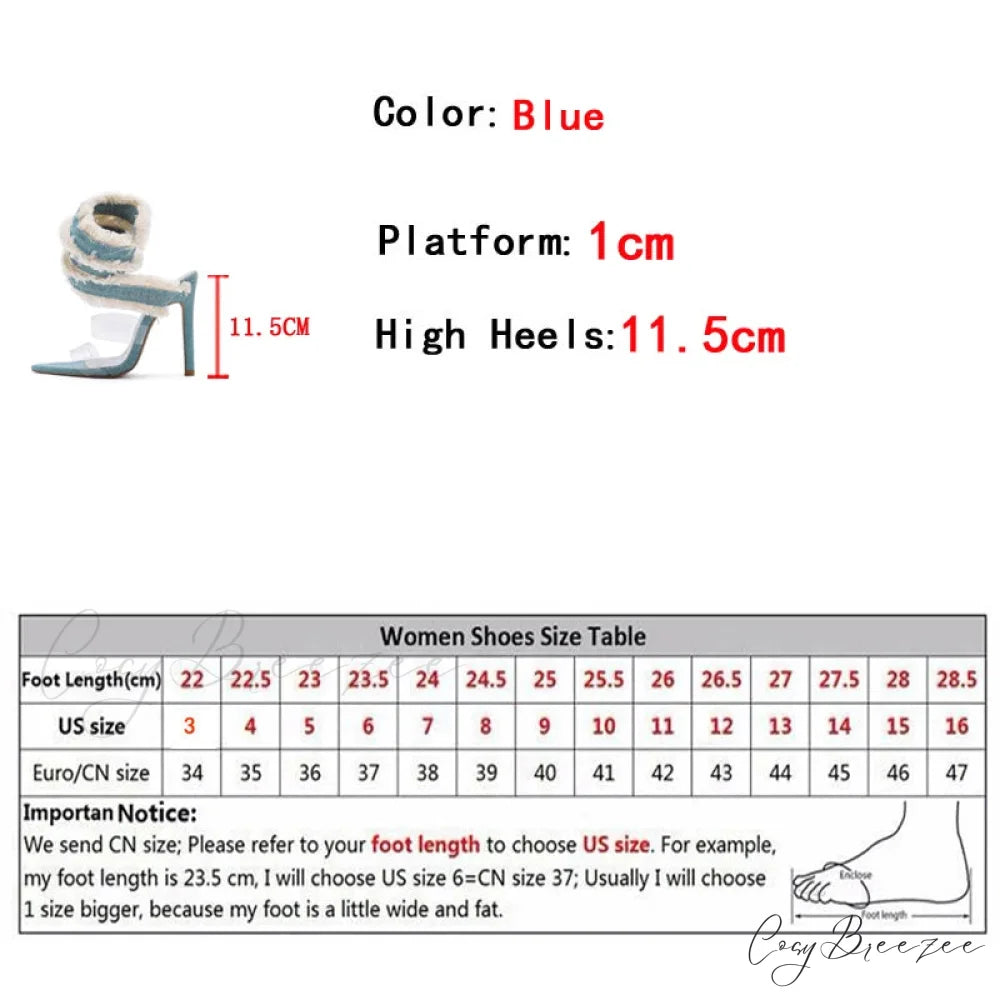 2024 New Design Denim Ankle Snake Surround Strap Sandal Women Transparent PVC Summer High Heels Party Stripper Shoes