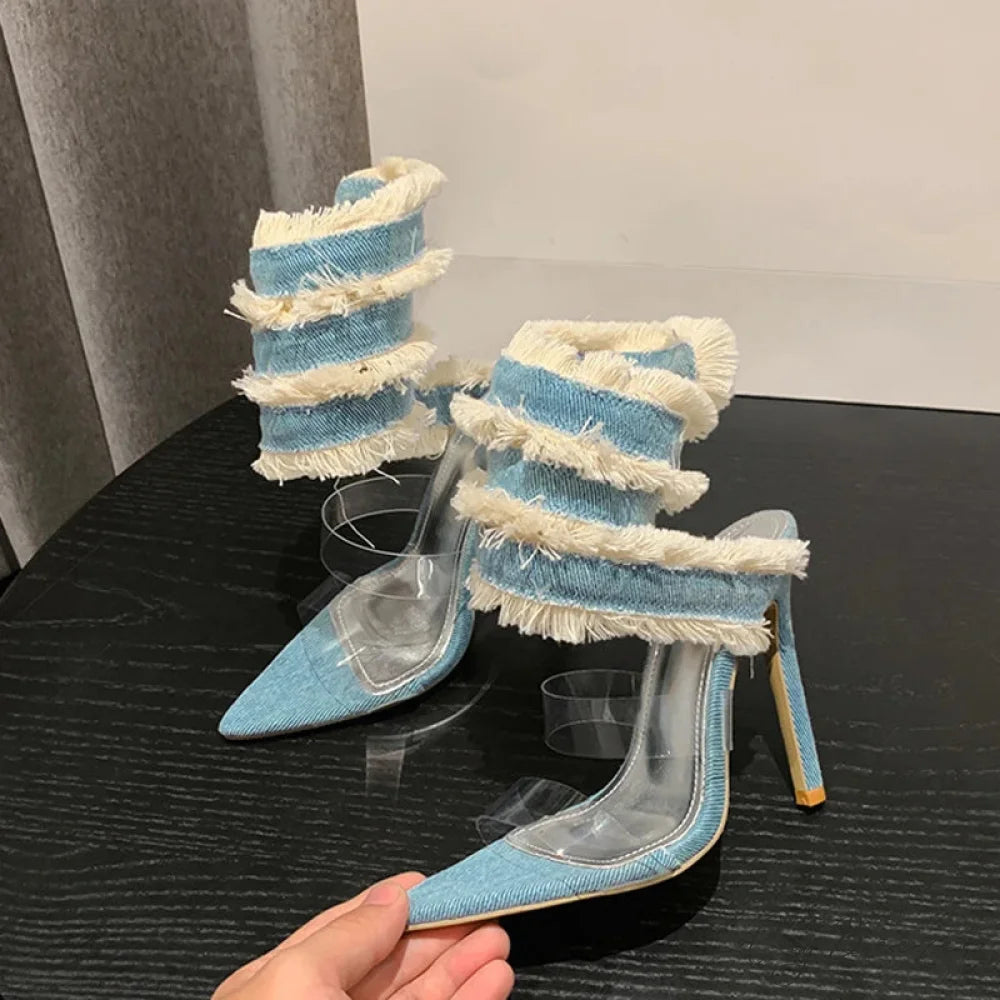 2024 New Design Denim Ankle Snake Surround Strap Sandal Women Transparent PVC Summer High Heels Party Stripper Shoes