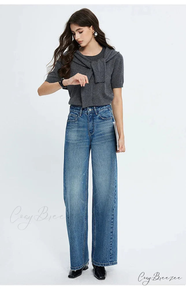 2024 Spring New High-waisted Loose Slimming Wide-leg Denim Versatile Floor-length Jean