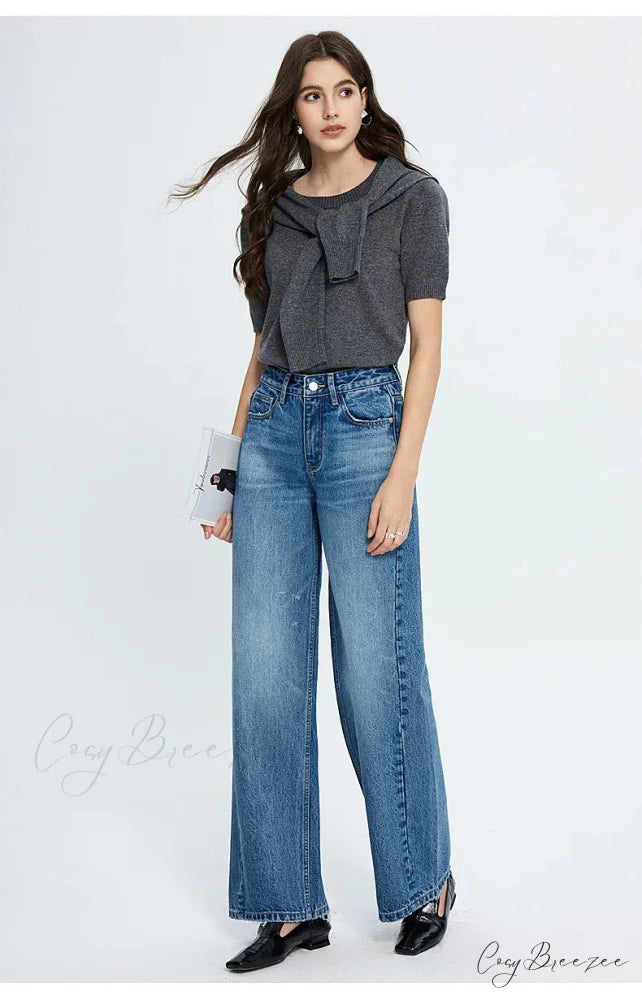 2024 Spring New High-waisted Loose Slimming Wide-leg Denim Versatile Floor-length Jean