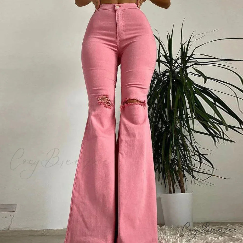2024 Spring Summer Flare for Woman Ripped Raw Edge Flared Women’s Butt-lifting High Waisted Denim Jean Pink / S