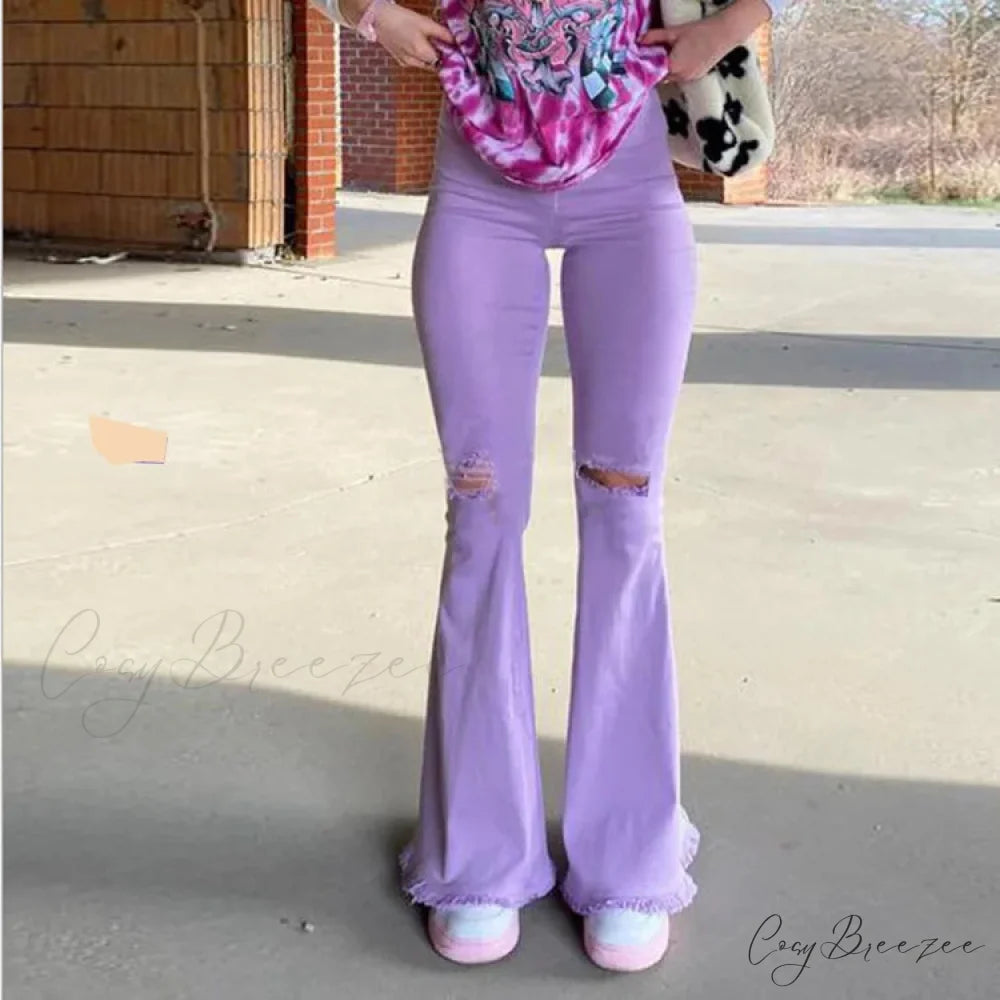 2024 Spring Summer Flare for Woman Ripped Raw Edge Flared Women’s Butt-lifting High Waisted Denim Jean Purple / S