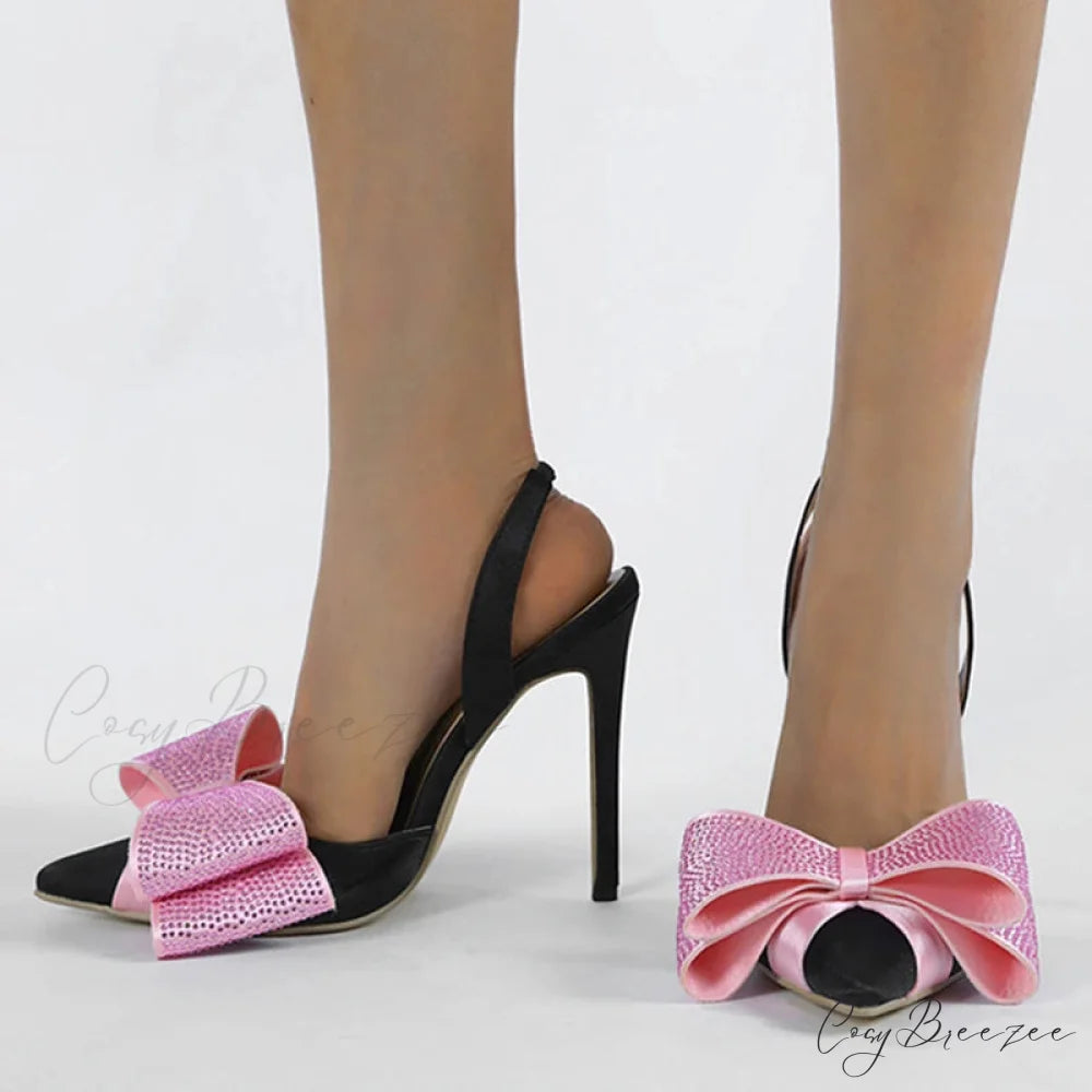 2024 Spring Summer Women’s Crystal Bowknot Slingback Sandals - Pointed Toe High Heels Wedding Prom Shoes