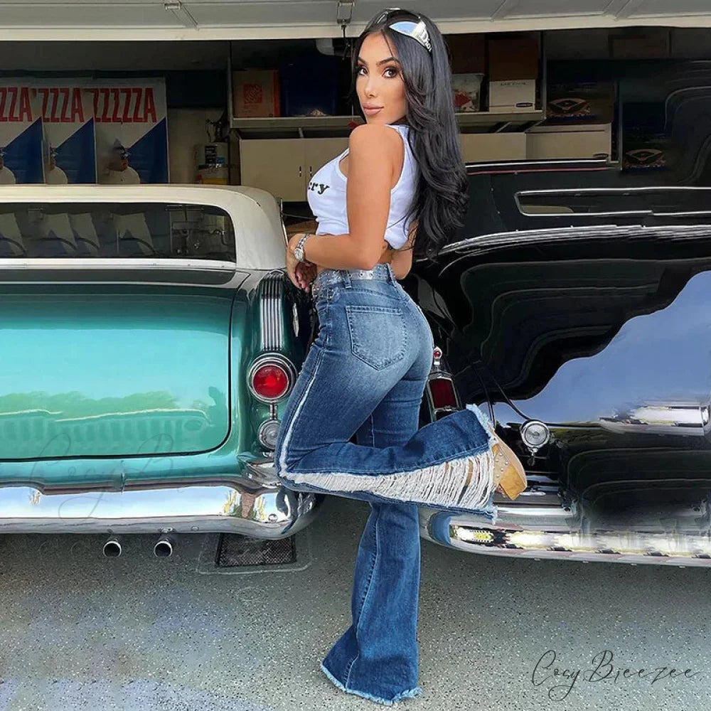 2024 Stretch Women’s Fashion Leg Side Hole Flare High Waist Sexy Fringe Ripped Hollow Denim Streetwear Trouser Jean