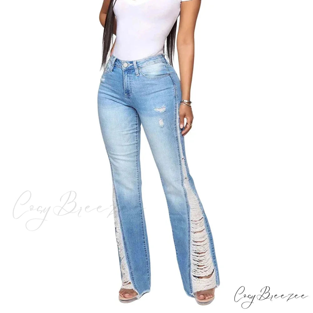 2024 Stretch Women’s Fashion Leg Side Hole Flare High Waist Sexy Fringe Ripped Hollow Denim Streetwear Trouser Jean
