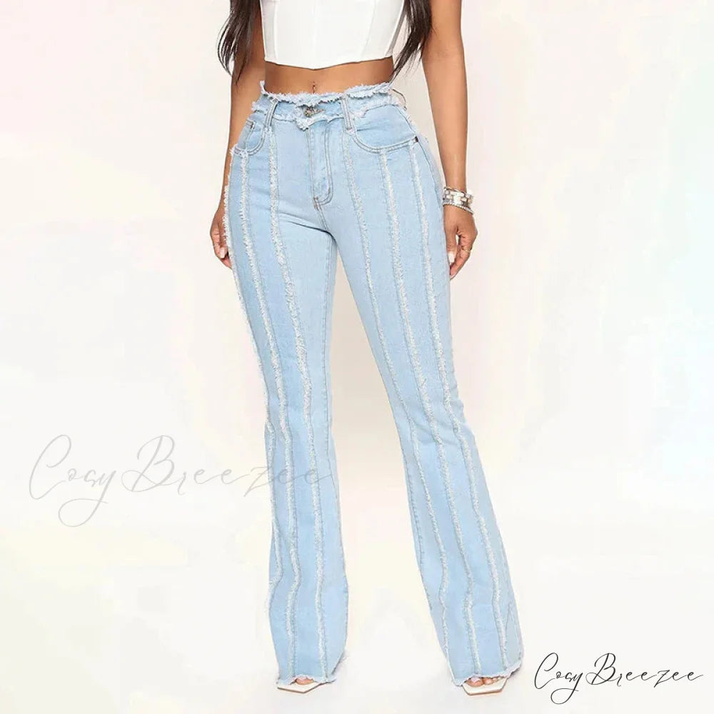 2024 Stretch Women’s Vintage Fashion High Waist Flare Women Slim Spliced Bell Bottom Streetwear Wash Denim Jean