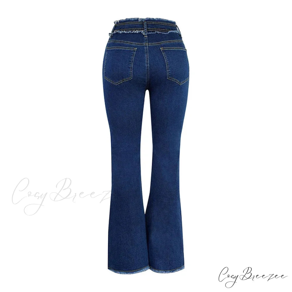 2024 Stretch Women’s Vintage Fashion High Waist Flare Women Slim Spliced Bell Bottom Streetwear Wash Denim Jean
