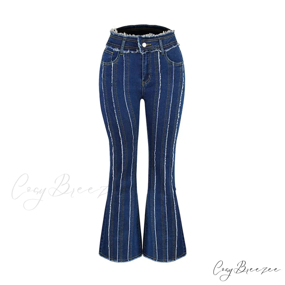 2024 Stretch Women’s Vintage Fashion High Waist Flare Women Slim Spliced Bell Bottom Streetwear Wash Denim Jean Dark