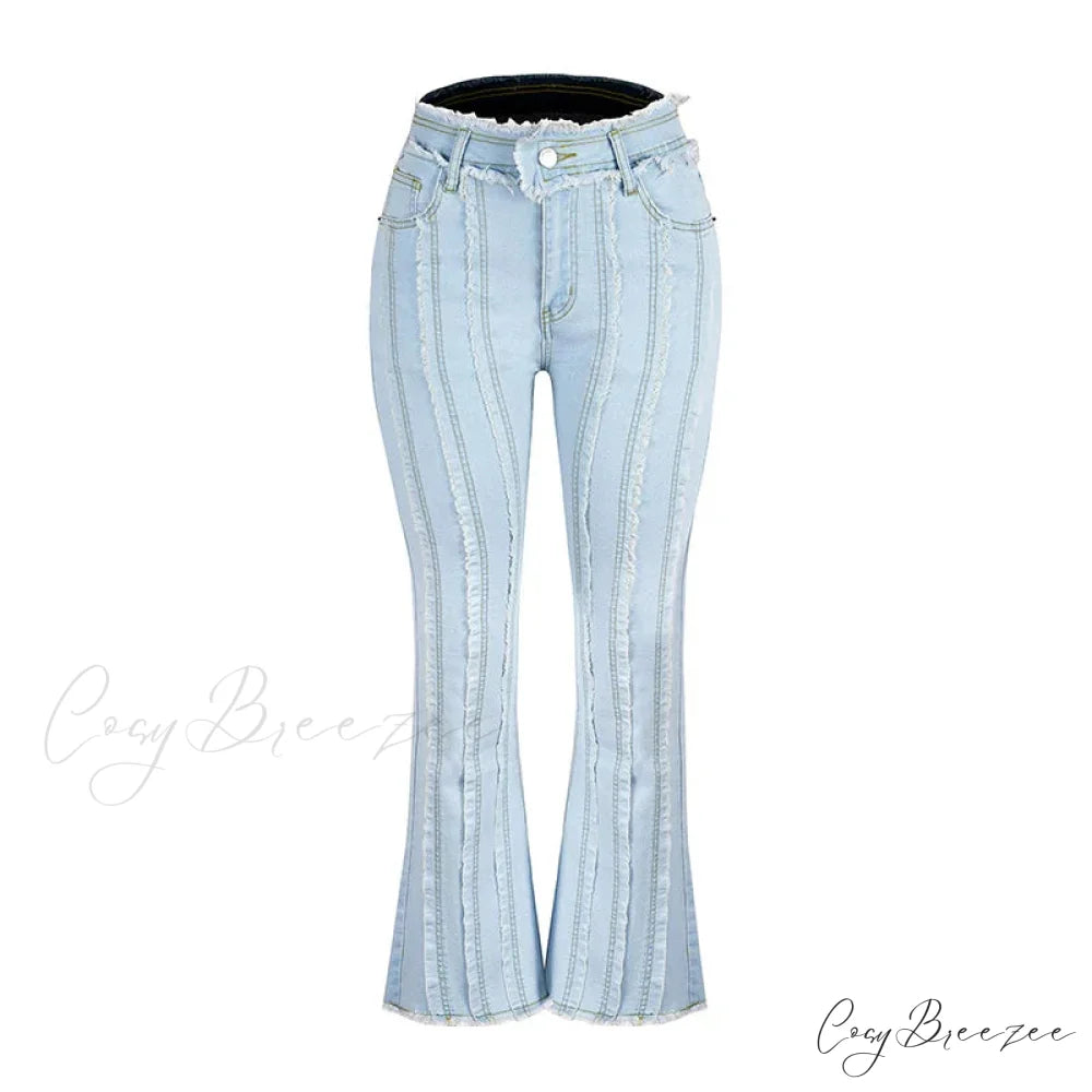 2024 Stretch Women’s Vintage Fashion High Waist Flare Women Slim Spliced Bell Bottom Streetwear Wash Denim Jean Light