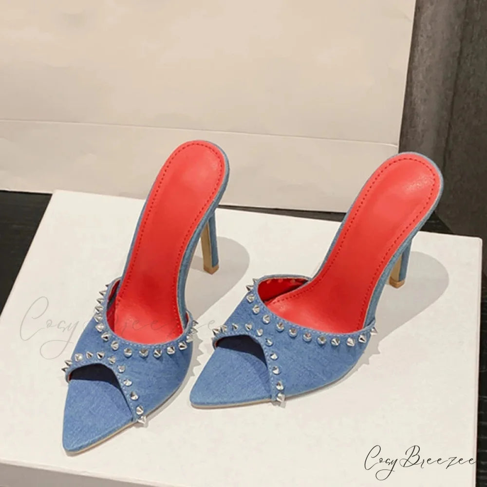 2024 Summer Fashion Metal Rivet Designer High Heels Women Slippers Pointed Toe Party Stripper Shoes Mules Sandals