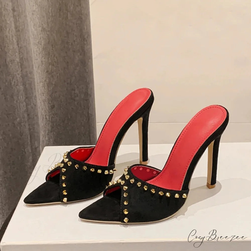 2024 Summer Fashion Metal Rivet Designer High Heels Women Slippers Pointed Toe Party Stripper Shoes Mules Sandals