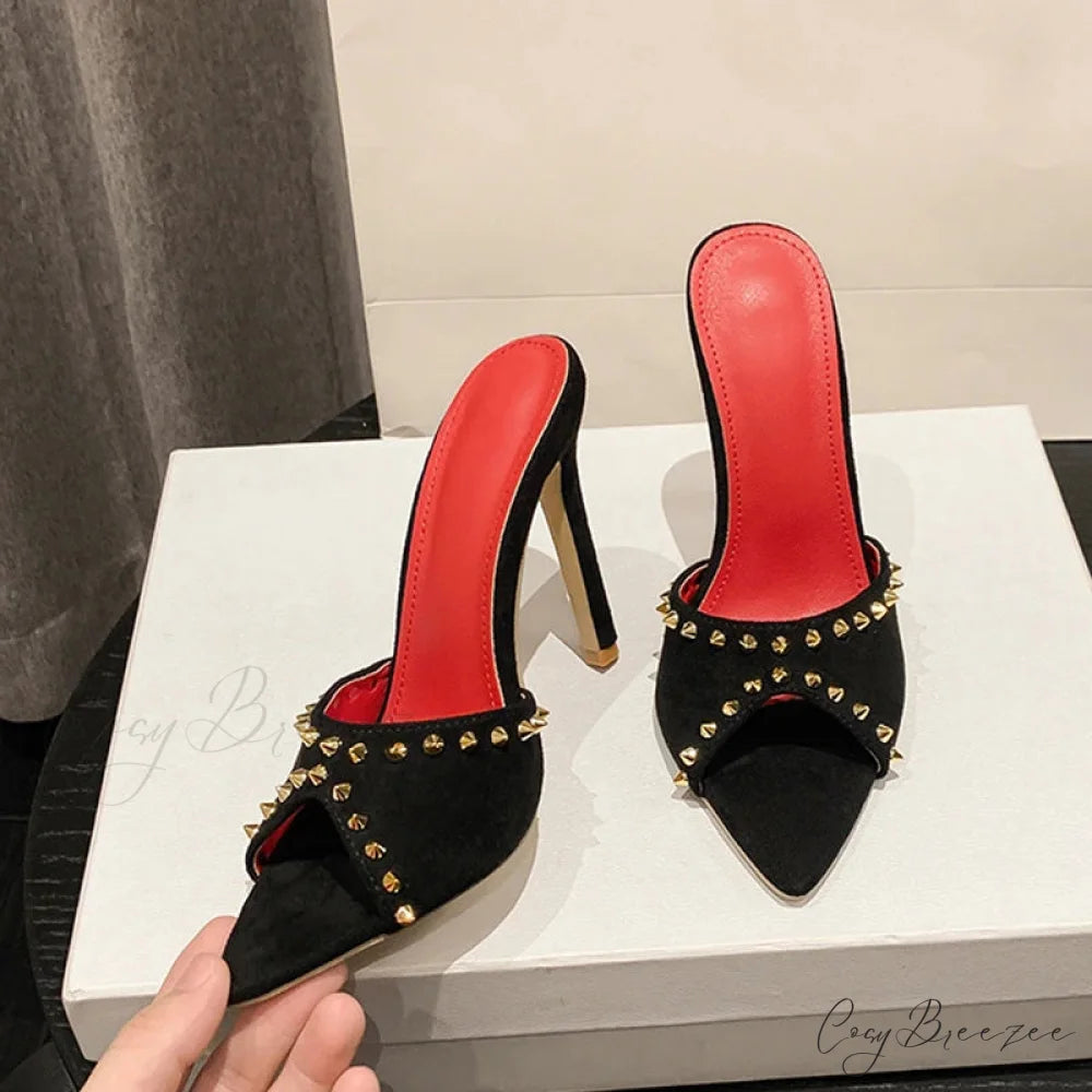 2024 Summer Fashion Metal Rivet Designer High Heels Women Slippers Pointed Toe Party Stripper Shoes Mules Sandals