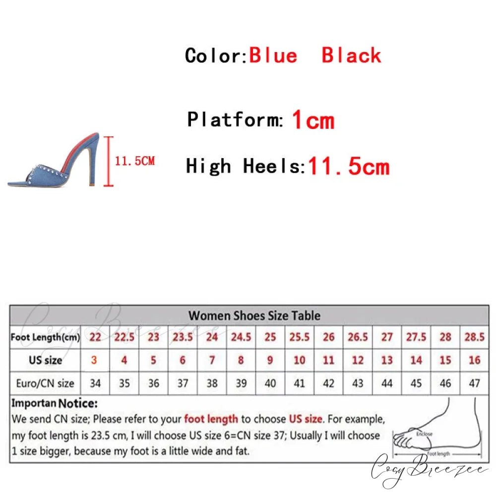 2024 Summer Fashion Metal Rivet Designer High Heels Women Slippers Pointed Toe Party Stripper Shoes Mules Sandals