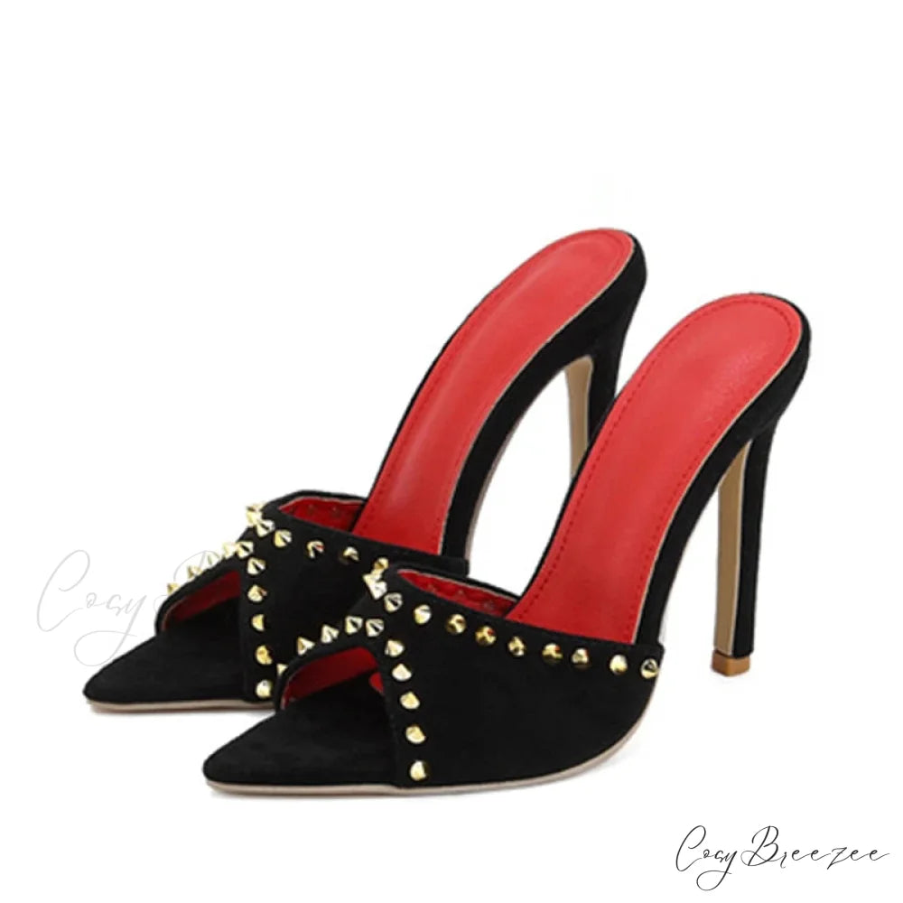 2024 Summer Fashion Metal Rivet Designer High Heels Women Slippers Pointed Toe Party Stripper Shoes Mules Sandals Black