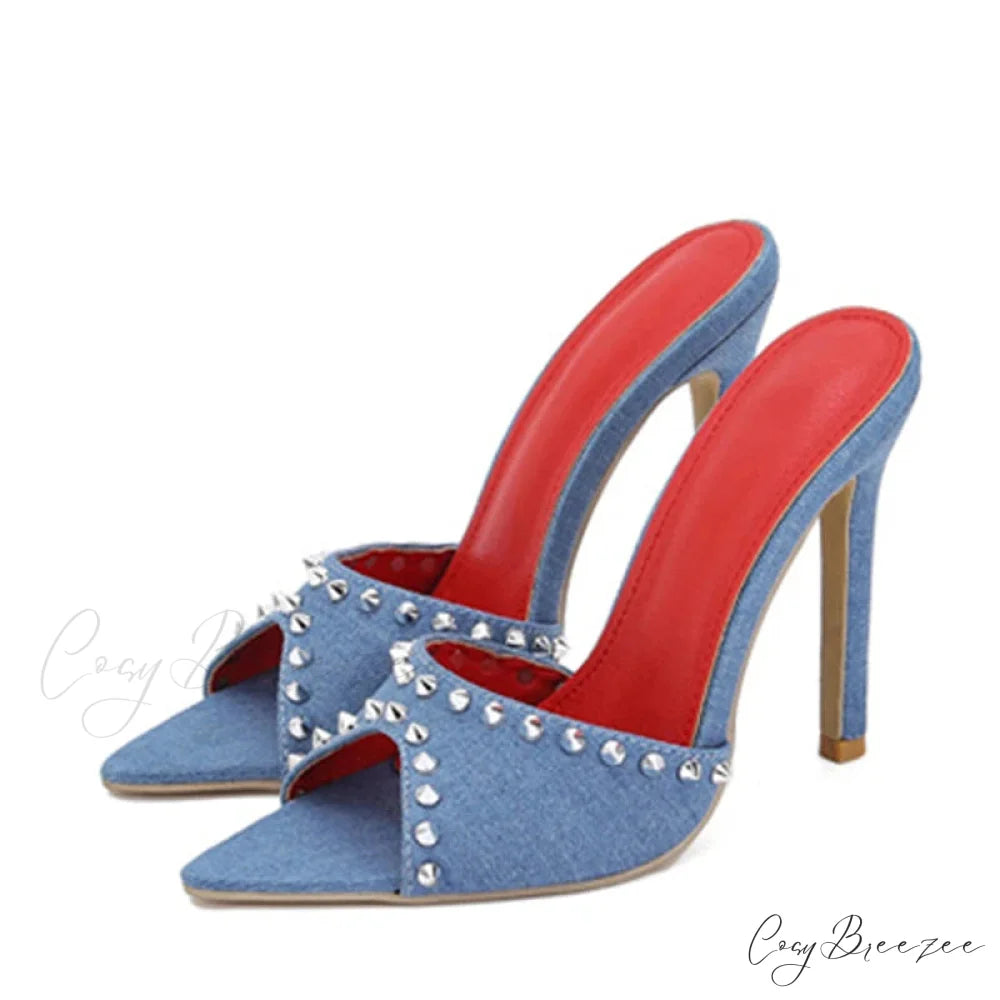 2024 Summer Fashion Metal Rivet Designer High Heels Women Slippers Pointed Toe Party Stripper Shoes Mules Sandals Blue