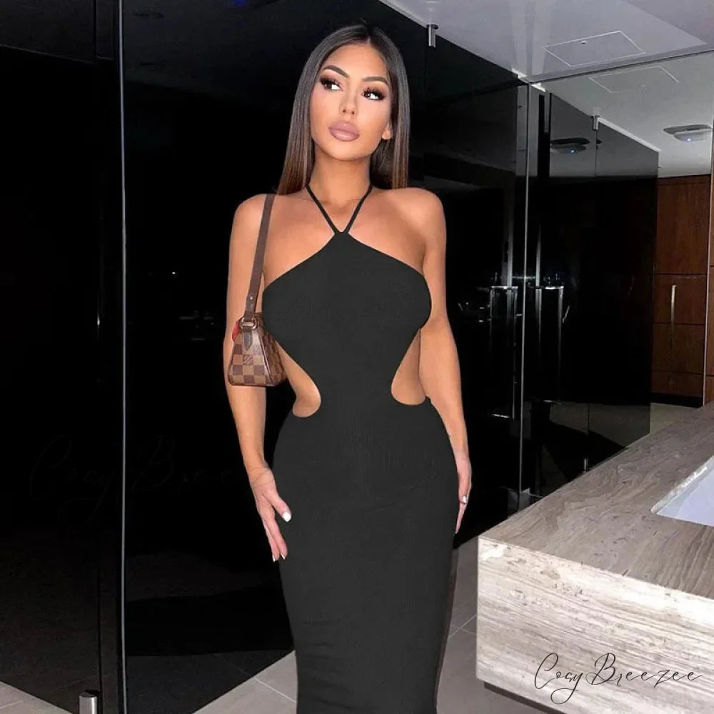 2024 Summer Halter for Women’s Sleeveless Backless Club Party Cutout Bandage Midi Dress Clothes Sexy Black / S