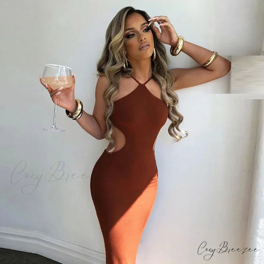 2024 Summer Halter for Women’s Sleeveless Backless Club Party Cutout Bandage Midi Dress Clothes Sexy Brown / S