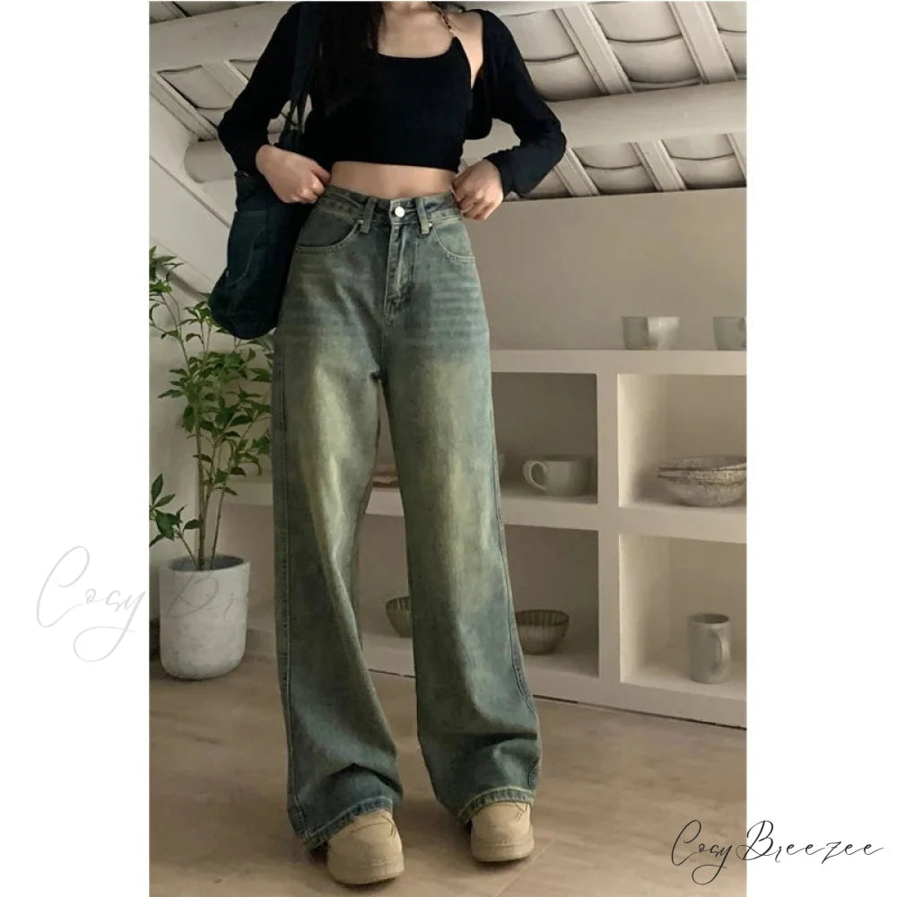 2024 Vintage Korean Denim Pants Y2K American Retro Waist Cowboy Slim Straight Leg Wide Leg Cowboy Jeans