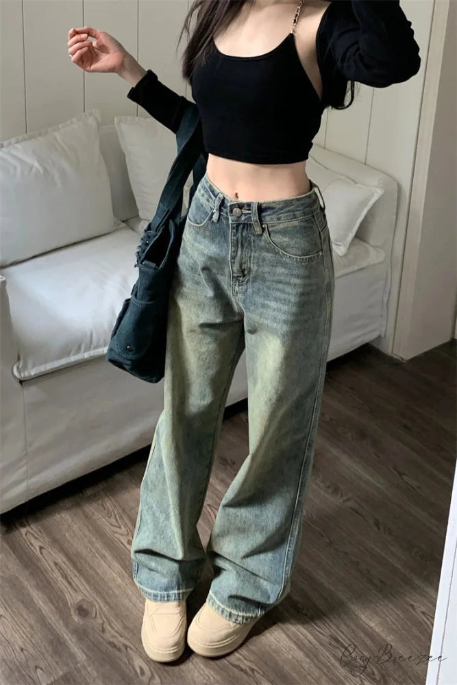 2024 Vintage Korean Denim Pants Y2K American Retro Waist Cowboy Slim Straight Leg Wide Leg Cowboy Jeans