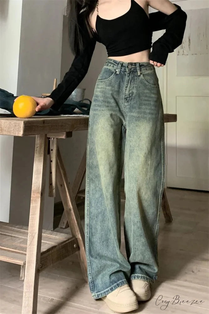 2024 Vintage Korean Denim Pants Y2K American Retro Waist Cowboy Slim Straight Leg Wide Leg Cowboy Jeans