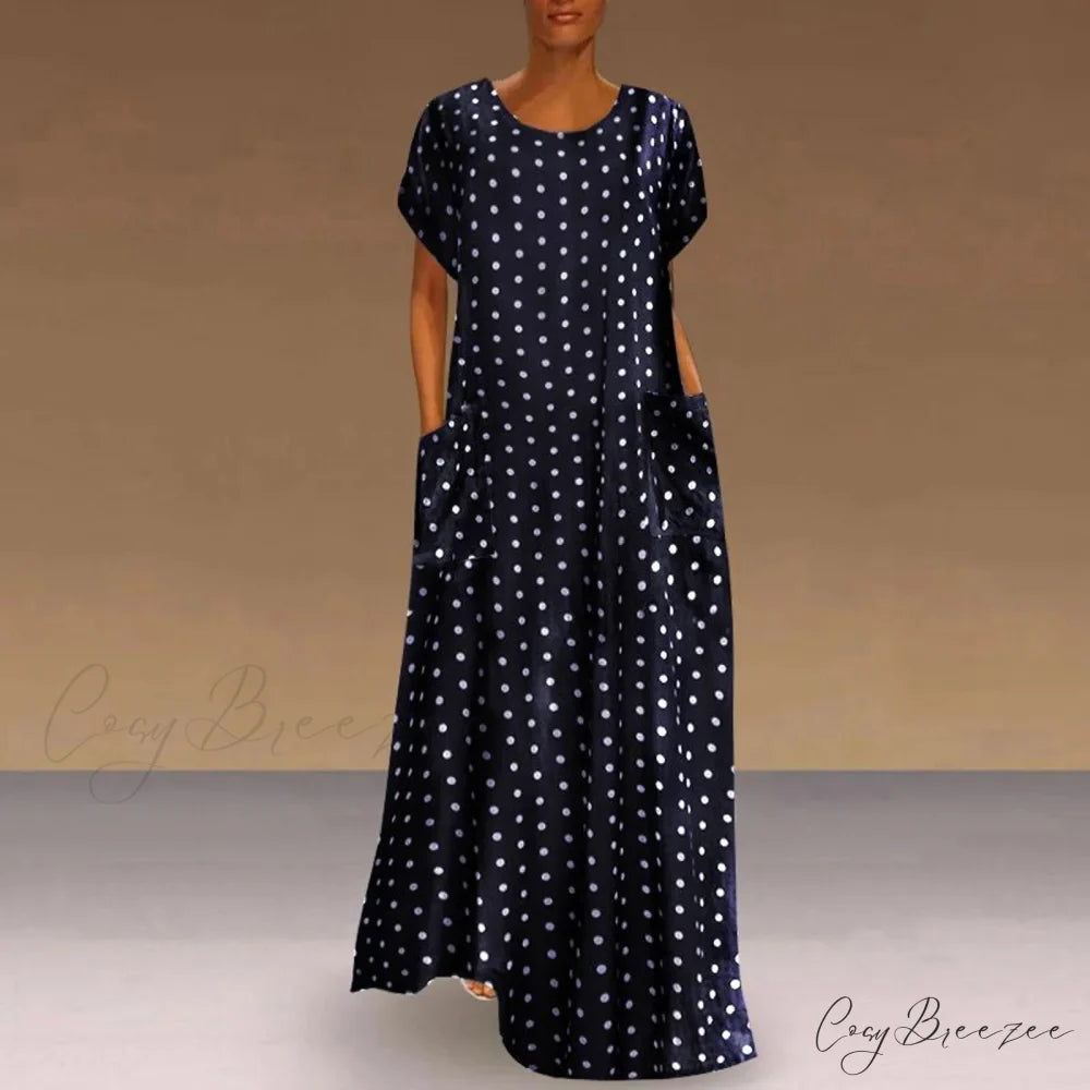 2024 Women Autumn Winter Vintage Printed Midi Casual O-Neck Long Sleeve Pockets Boho Streetwear Tops Dress Dark Blue / S