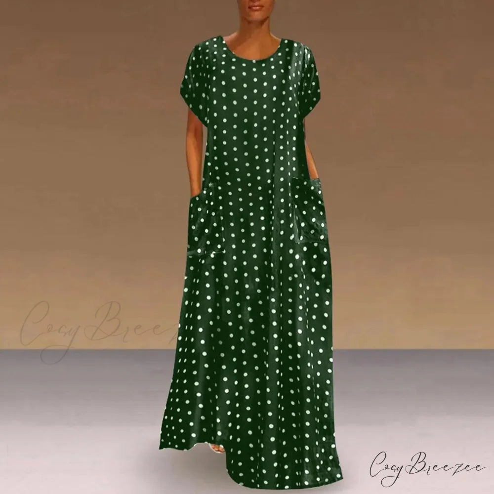 2024 Women Autumn Winter Vintage Printed Midi Casual O-Neck Long Sleeve Pockets Boho Streetwear Tops Dress Green / S