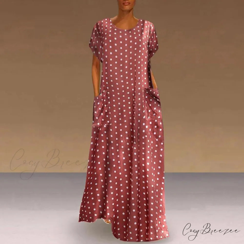 2024 Women Autumn Winter Vintage Printed Midi Casual O-Neck Long Sleeve Pockets Boho Streetwear Tops Dress Pink / S