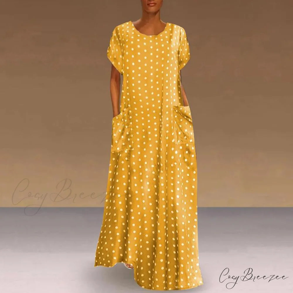 2024 Women Autumn Winter Vintage Printed Midi Casual O-Neck Long Sleeve Pockets Boho Streetwear Tops Dress Yellow / S