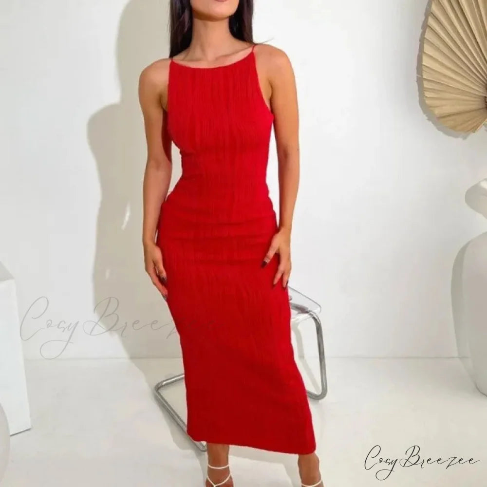 2024 Women Long Ruched Sleeveless Slim Solid Summer Party Back Split Clubwear Female Maxi Dress Red / S