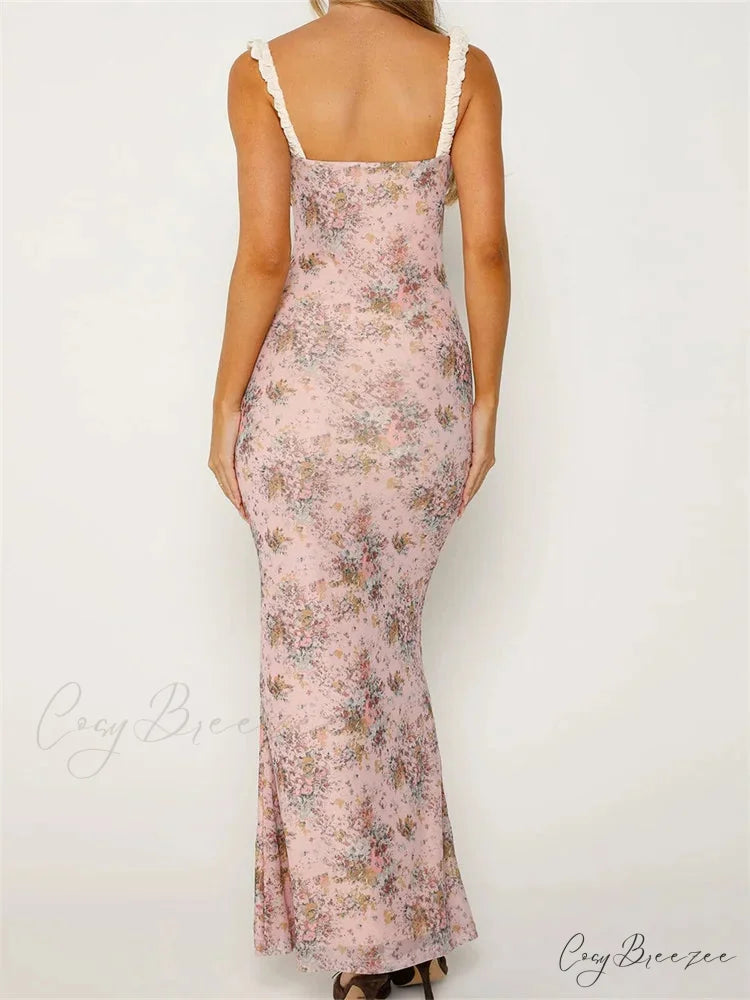 2024 Women Sleeveless V-neck Backless Floral Print Patchwork Summer Cocktail Party Female Vestidos