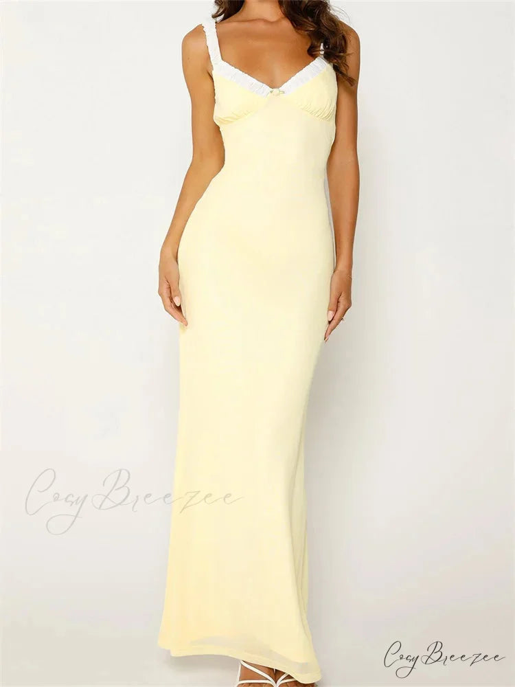 2024 Women Sleeveless V-neck Backless Floral Print Patchwork Summer Cocktail Party Female Vestidos YELLOW / S