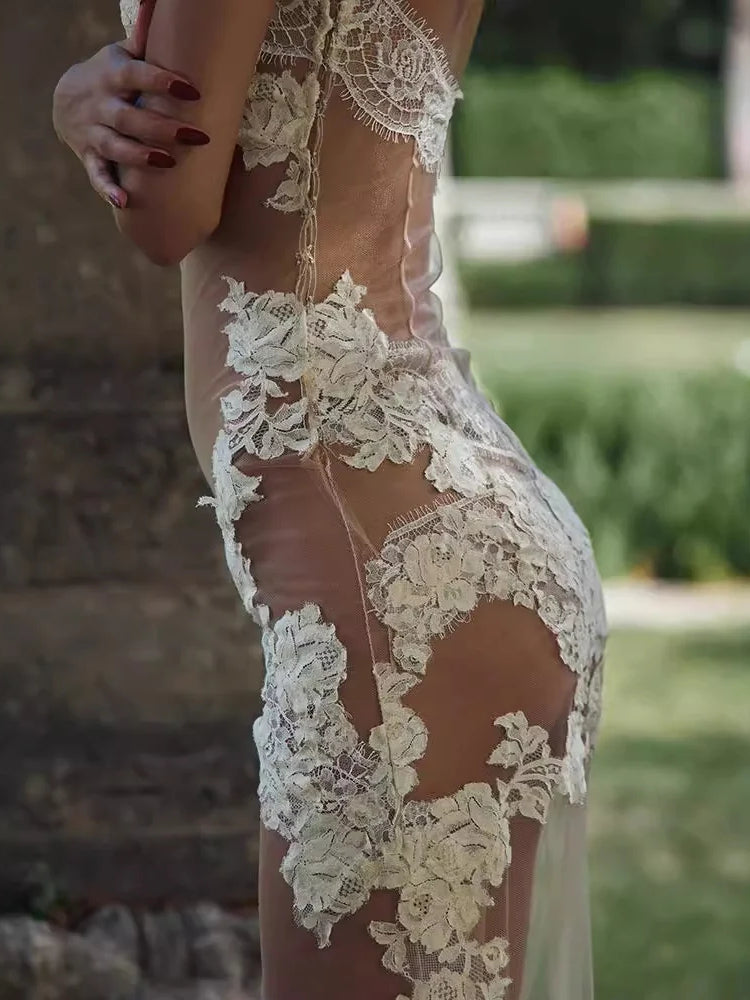 Embroidered Mesh Fishtail Goddess Party Dress