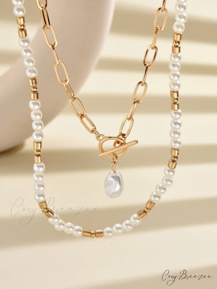 2pcs Faux Pearl Charm OT Buckle Necklace